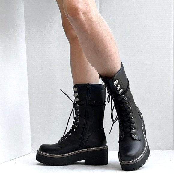 New Black Platform Lace Up Mid-Calf Combat Military Boots - Picture 5 of 5